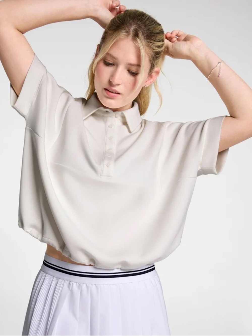 CALIA by Carrie Underwood Light Cream Short-Sleeve Boxy Button-Down Top